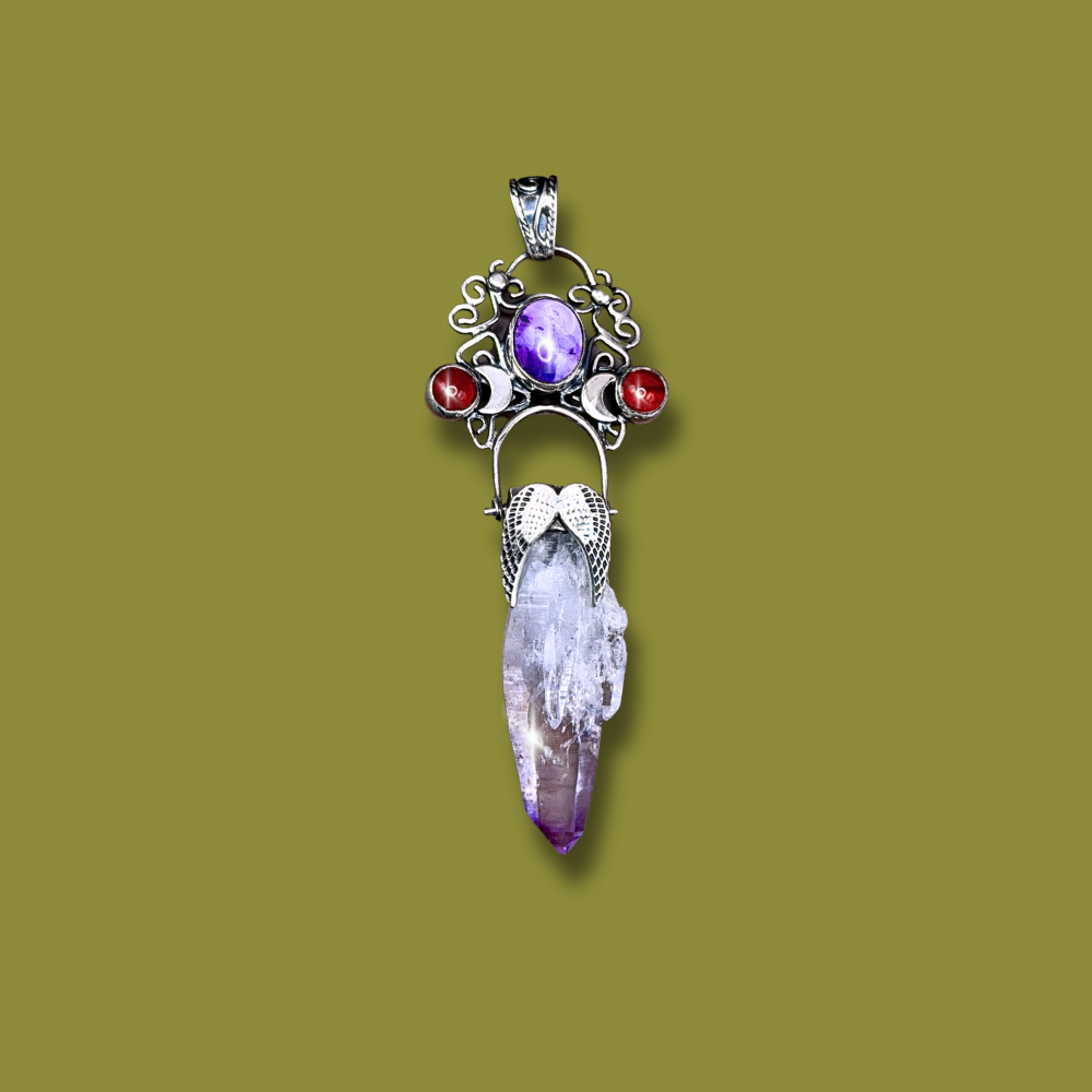 Dulko · Amethyst Point Pendant with Central Amethyst &amp; Angelic Garnets | Handmade Silver Details · One of a Kind