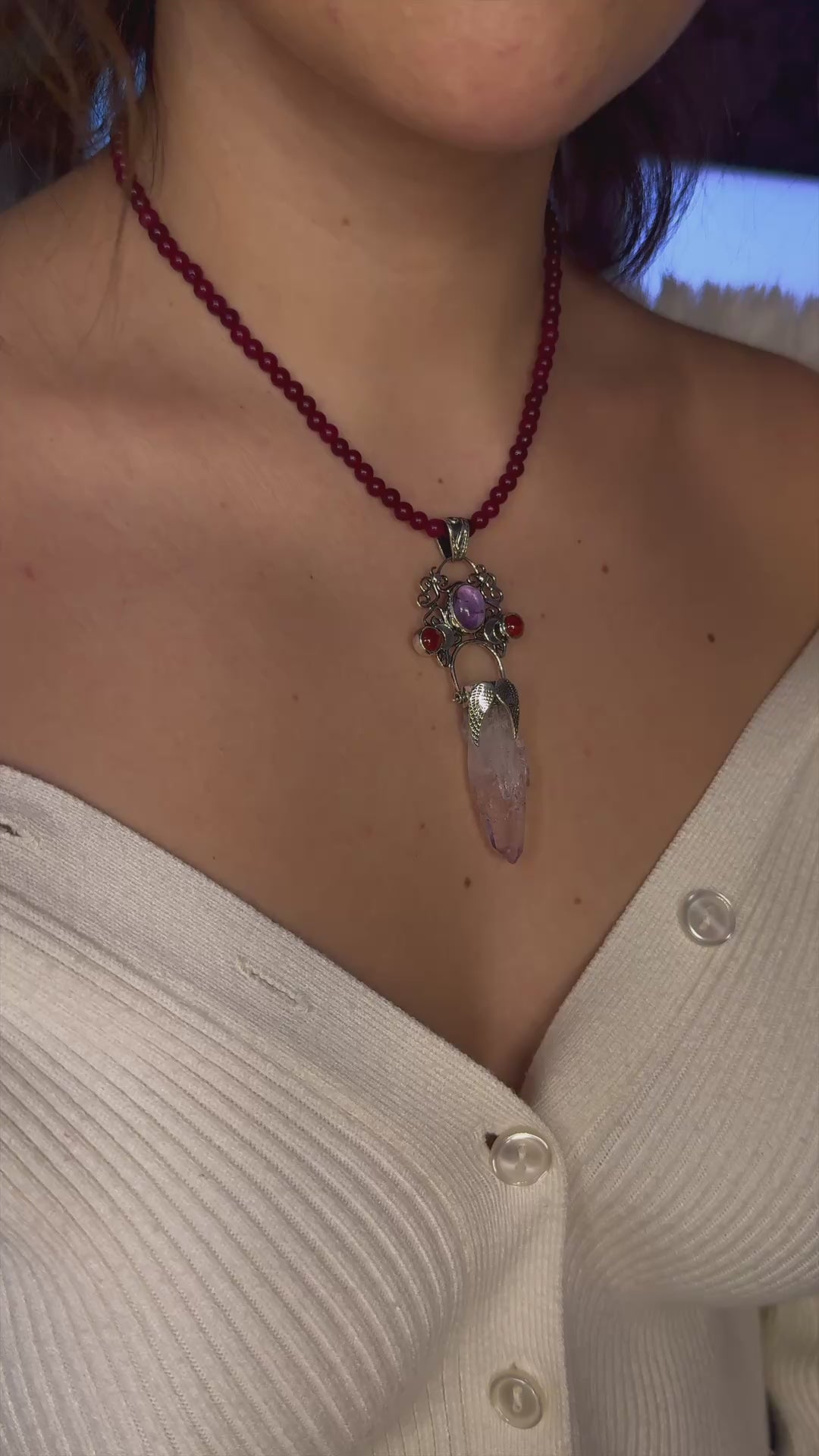 Dulko · Amethyst Point Pendant with Central Amethyst &amp; Angelic Garnets | Handmade Silver Details · One of a Kind